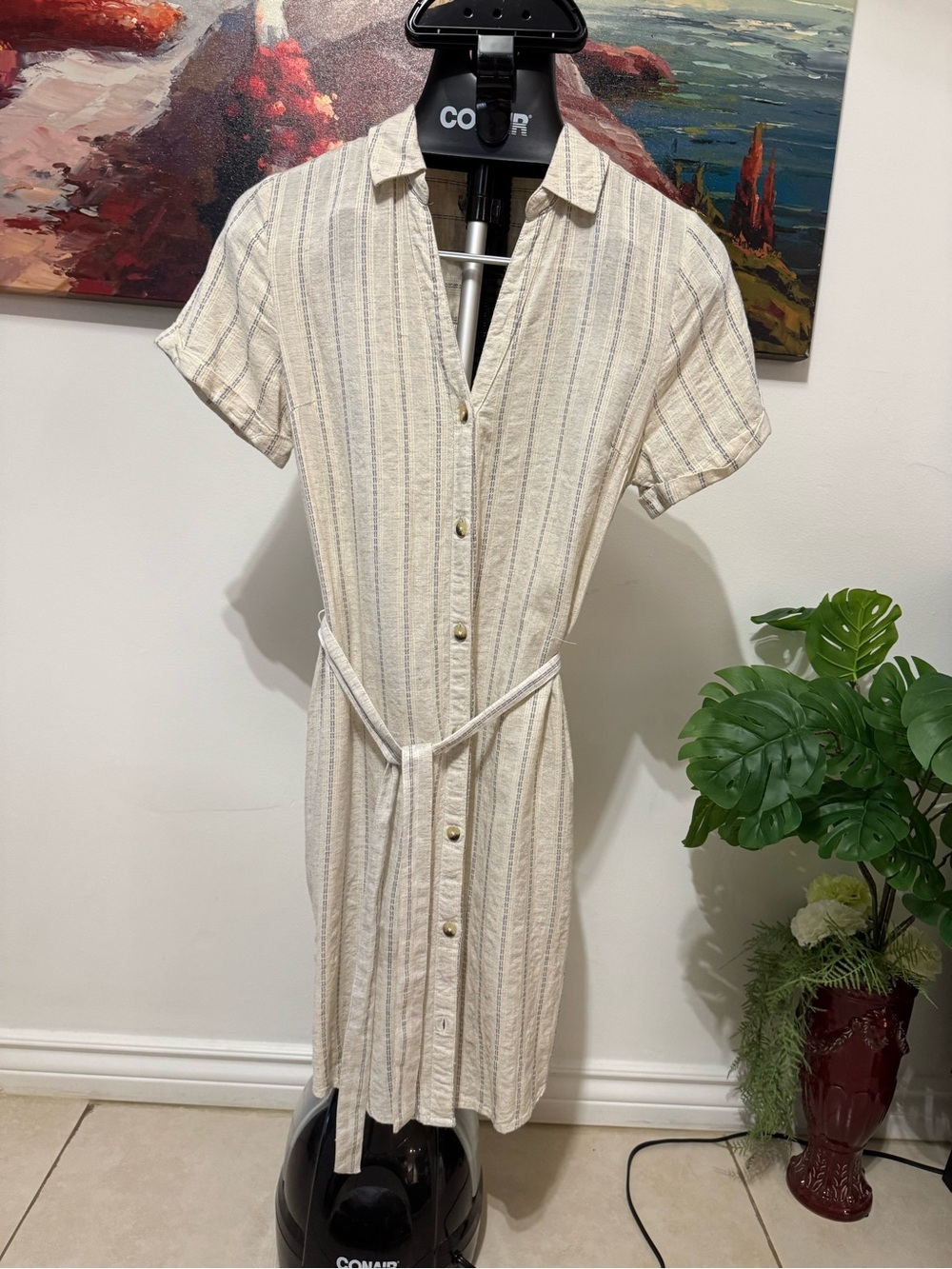 Japna Cream Striped Button-Front Shirt Dress